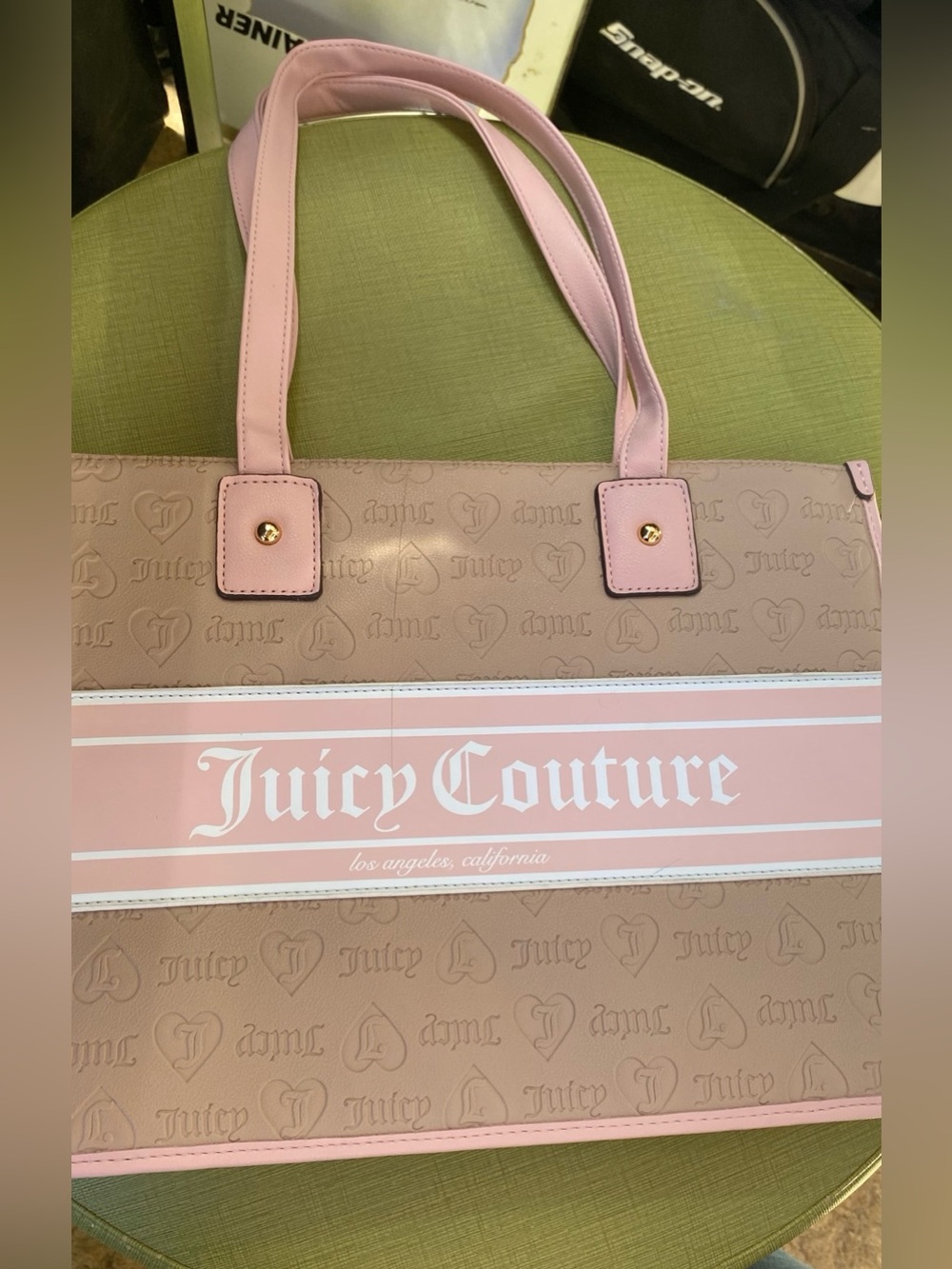 Juicy Couture Fashionista Pink and Tan Logo Stripe Tote